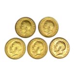 George V five gold Sovereign coins, 1913