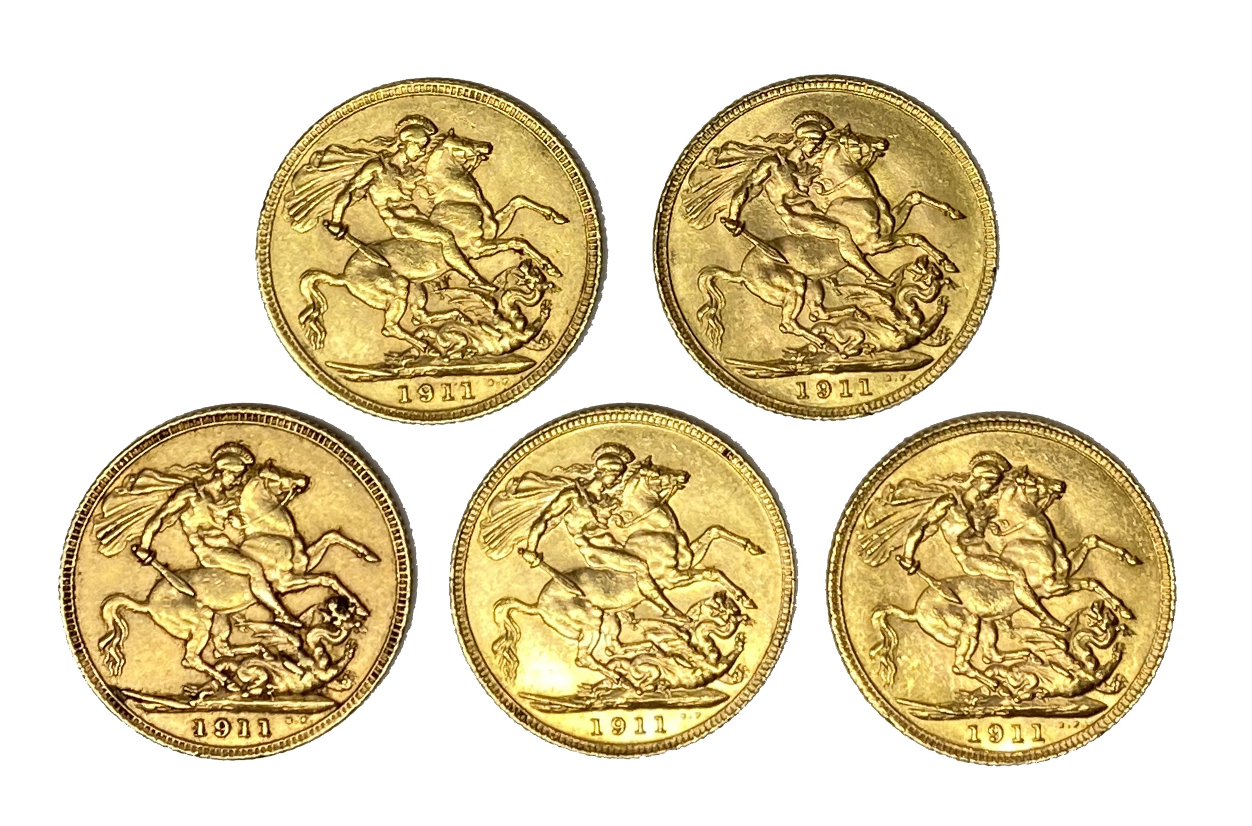 George V five gold Sovereign coins, 1911, - Image 2 of 2