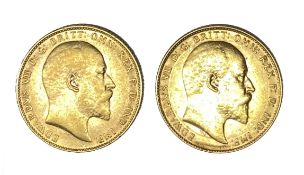 Edward VII two gold Sovereign coins, 1909