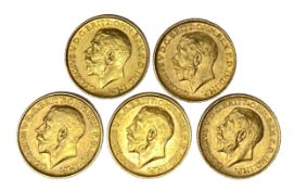 George V five gold Sovereign coins, 1911,