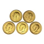 George V five gold Sovereign coins, 1911,