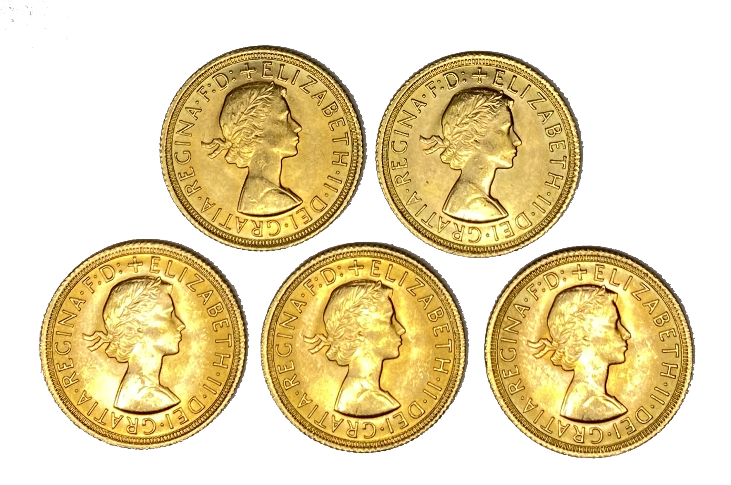 Elizabeth II five gold Sovereign coins, 1967