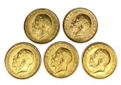 George V five gold Sovereign coins, 1912,