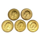 George V five gold Sovereign coins, 1912,