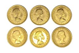 Elizabeth II six gold Sovereign coins, 1968