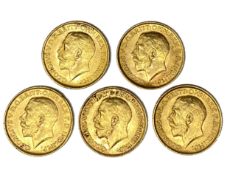 George V five gold Sovereign coins, 1911