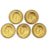 George V five gold Sovereign coins, 1911