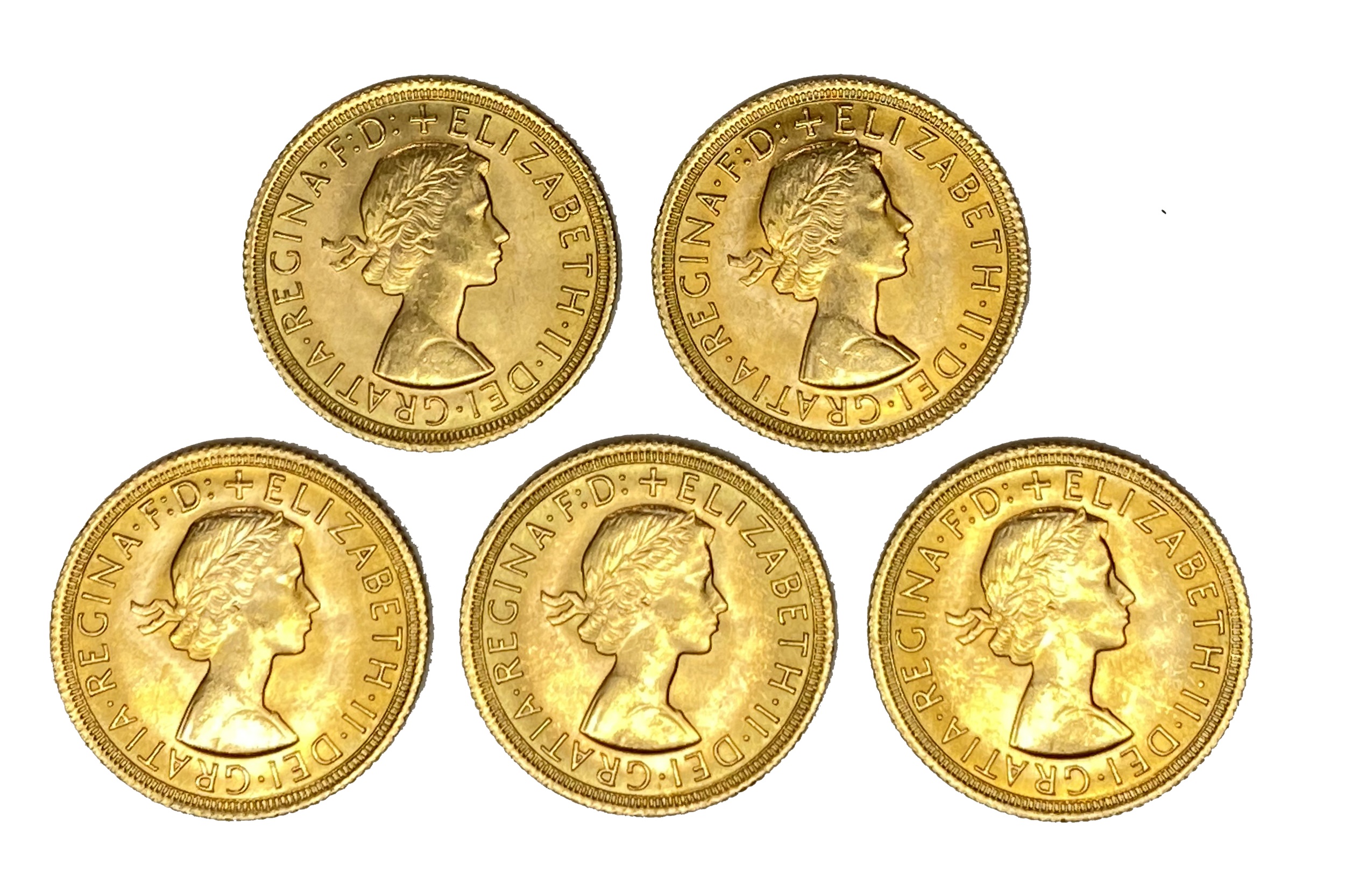 Elizabeth II five gold Sovereign coins, 1967