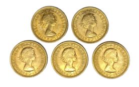 Elizabeth II five gold Sovereign coins, 1967