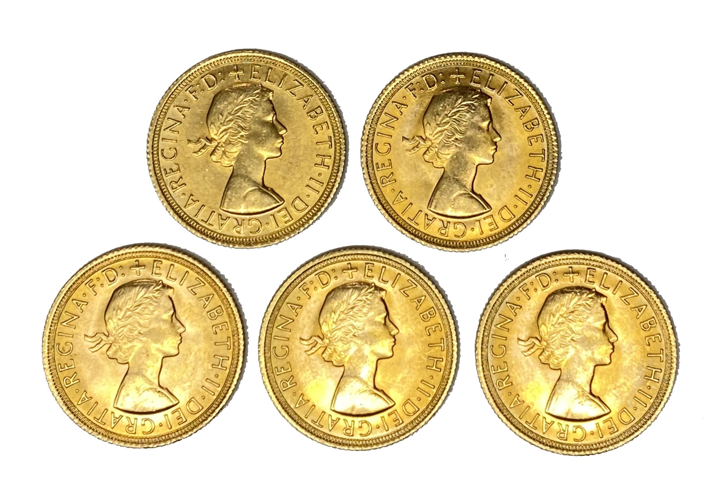 Elizabeth II five gold Sovereign coins, 1967