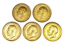 George V five gold Sovereign coins, 1913
