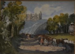 English School, Landscape with figures and Abbey ruins