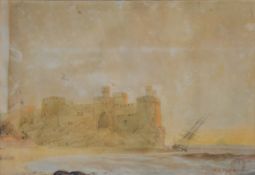 Attributed to William Adolphus Knell, Coastal castle with beached tall ship