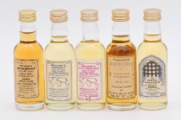 Five limited edition miniature bottlings of single malt whisky including Maund's Collection