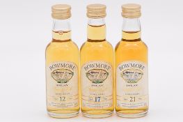 Bowmore, Islay malt whisky, 12yo, 17yo, and 21yo.