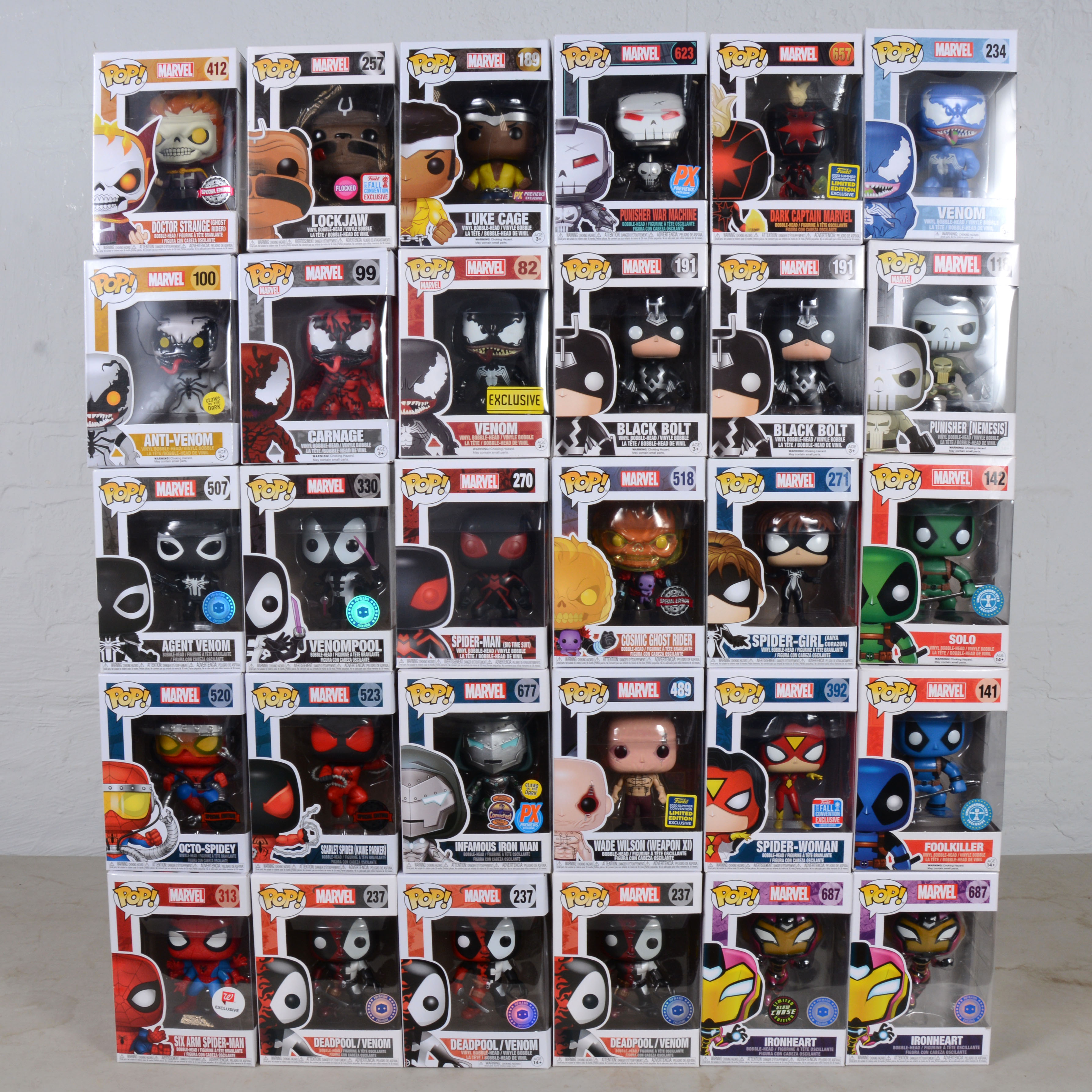 Funko Pop! thirty Marvel figures including 507 Agent Venom and others.