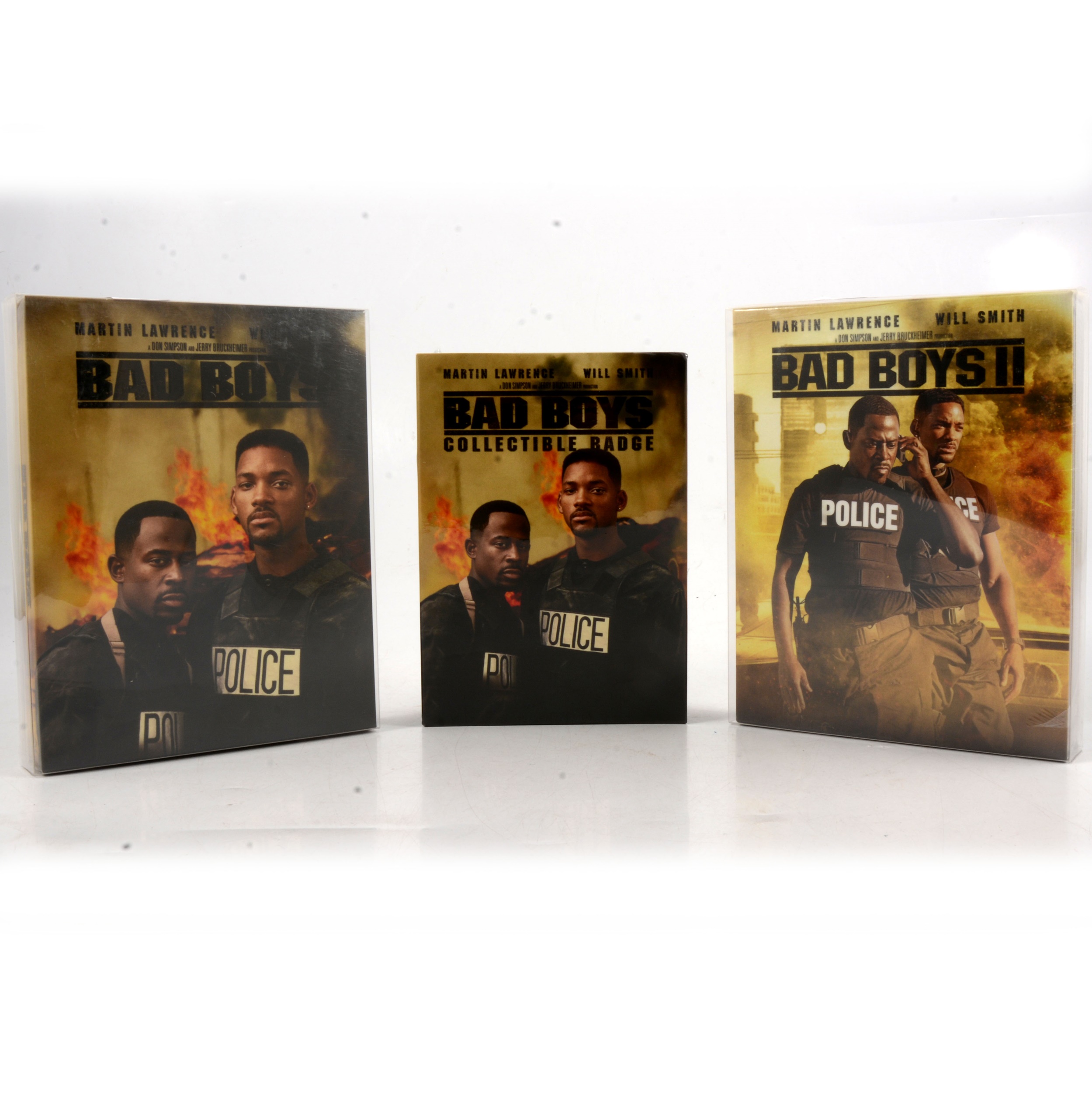 Filmarena Steelbook Blu-rays, two, Bad Boy and Bad Boys II and badge.