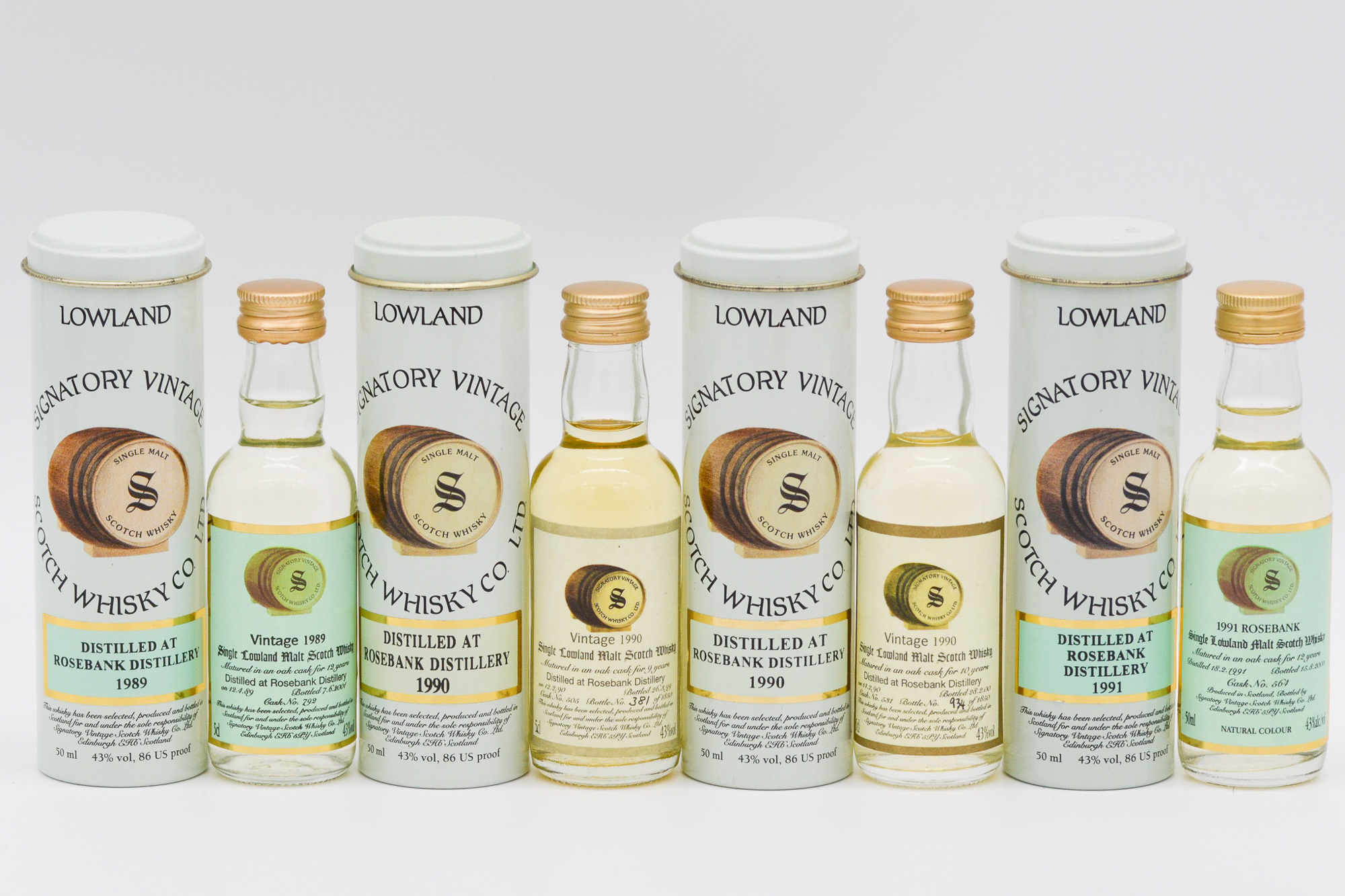 Signatory Vintage - Rosebank, single Lowland malt whisky, four bottlings