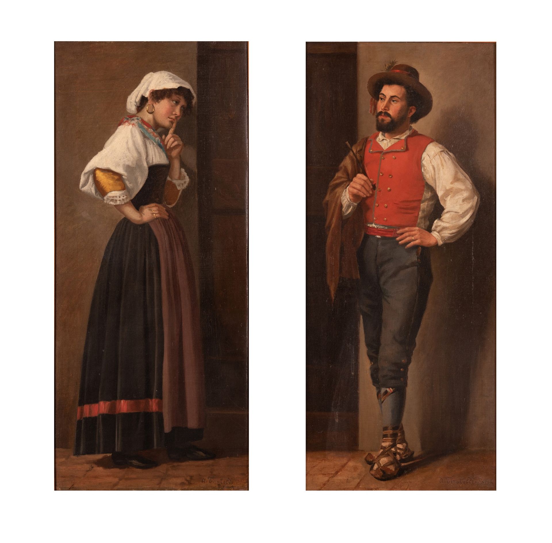 Male and female figures of Roman commoners: pair of paintings   XIX / XX century