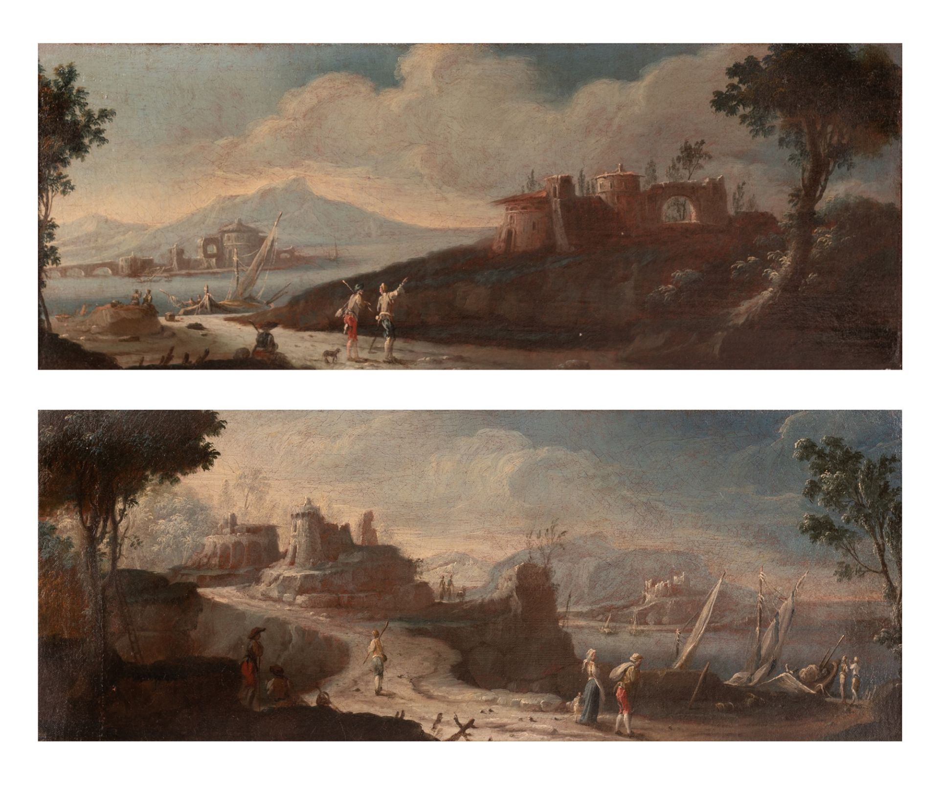 Couple of capriccios with figures and boats  XVIII century