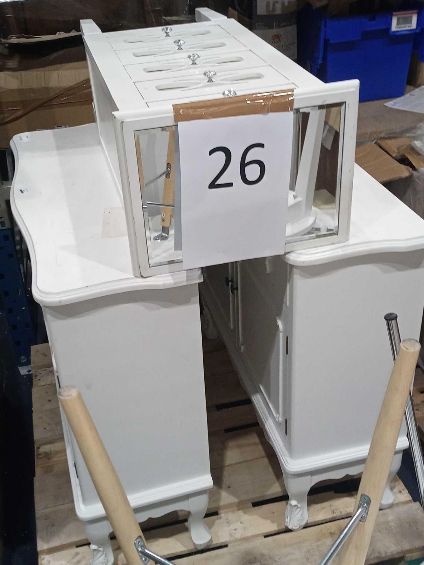 RRP £200 2 White Side Units (2 Door, 2 Drawer). White Wood & Mirrored Glass 5 Drawer Slim Chest (