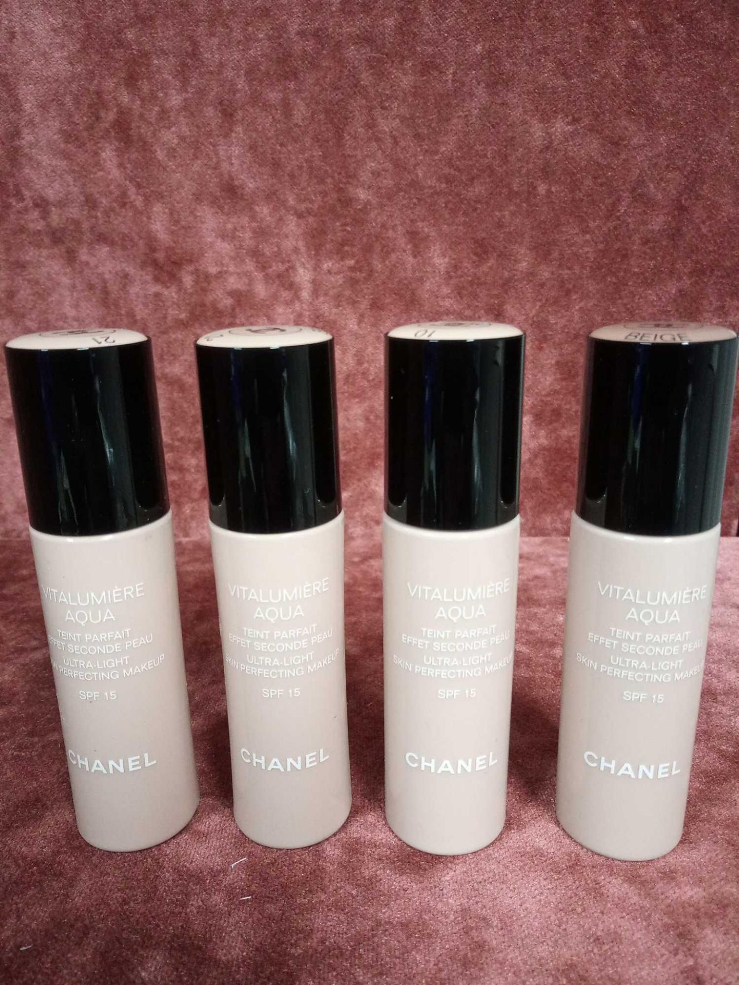 RRP £100 Lot To Contain 4 Tester Bottles Of Chanel Vitalumiere Aqua Ultra-Light Skin Perfecting Make