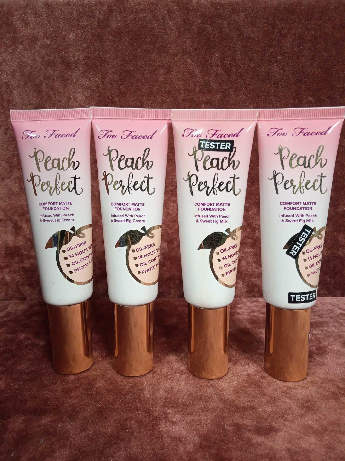 RRP £120 Lot To Contain Four Brand-New Unused Testers Of Too Faced Peach Perfect Comfort Matte Found