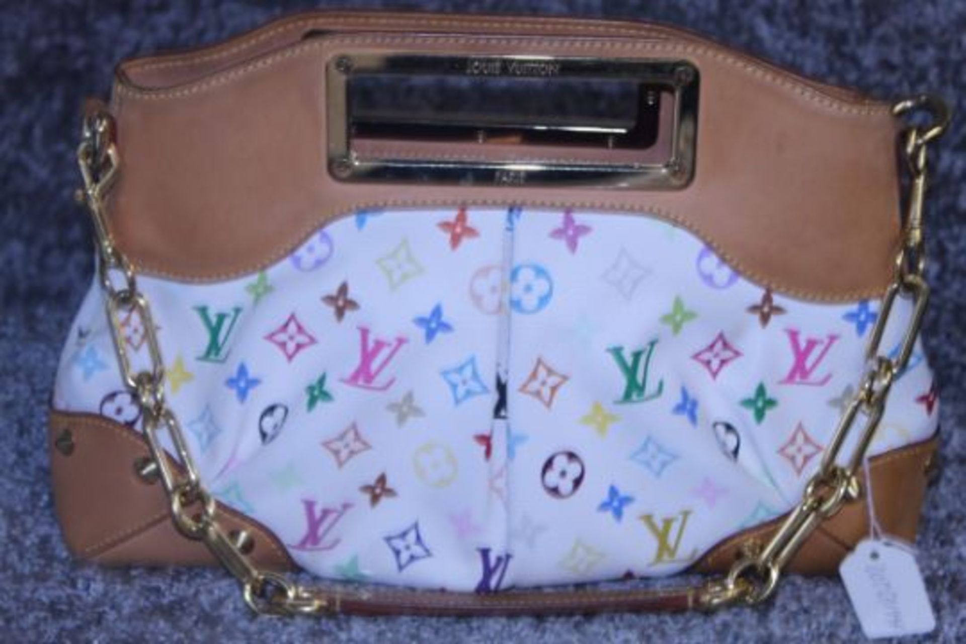 RRP £1750 Louis Vuitton Judy Mm White Coated Canvas Multicolour Vachetta Shoulder Bag With Golden