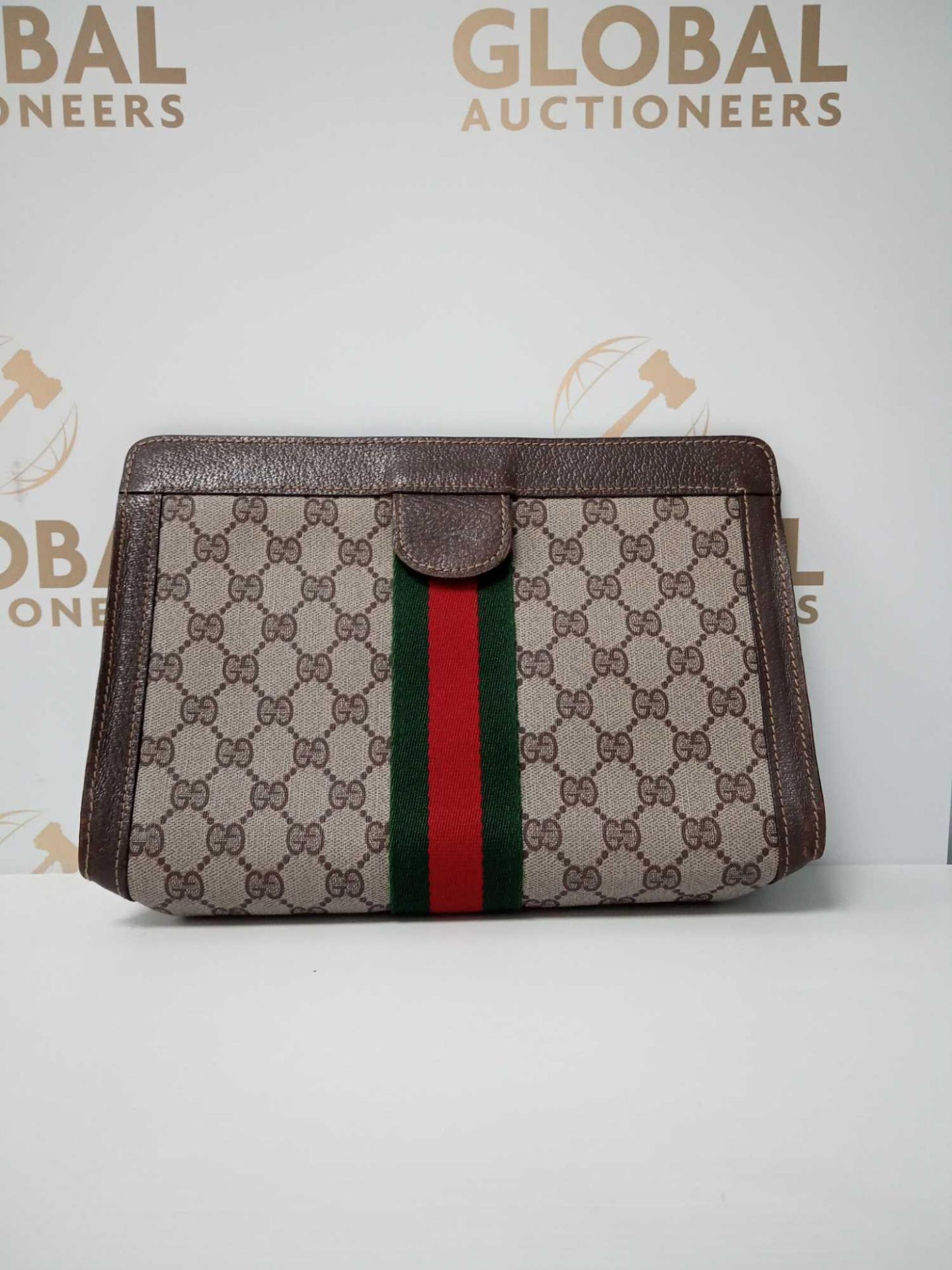 RRP £850 Gucci Beige Brown Coated Canvas Parfums Web Clutch Bag Aao7060 , Grade A