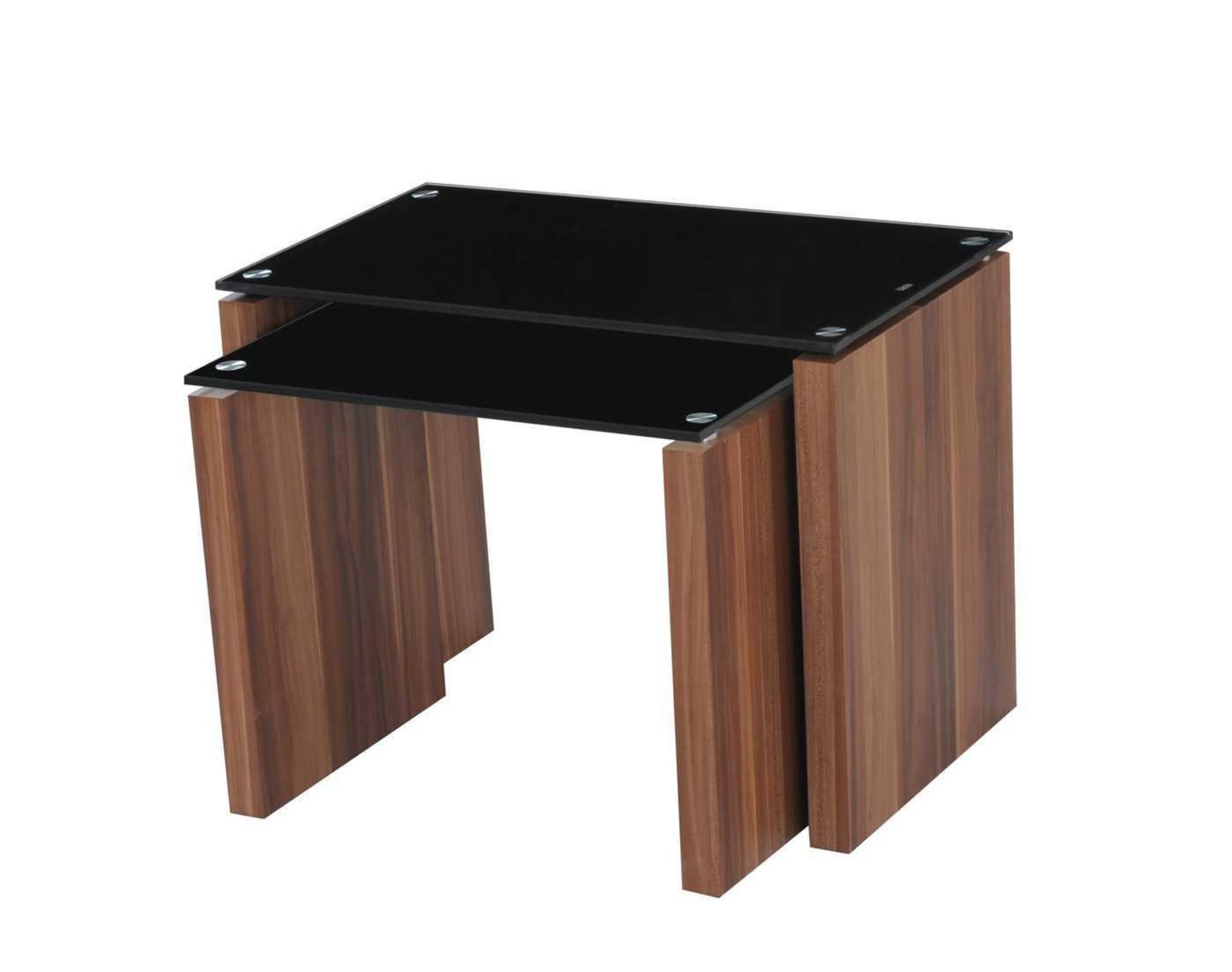 RRP £240 - Boxed 'Atlanta' Nest Of Tables In Walnut Finish With Black Glass Top