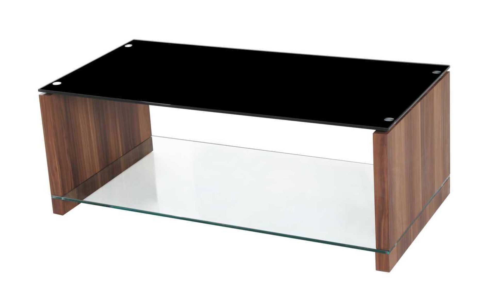 RRP £270 - Boxed 'Atlanta' Coffee Table In Walnut Finish With Black Glass Top