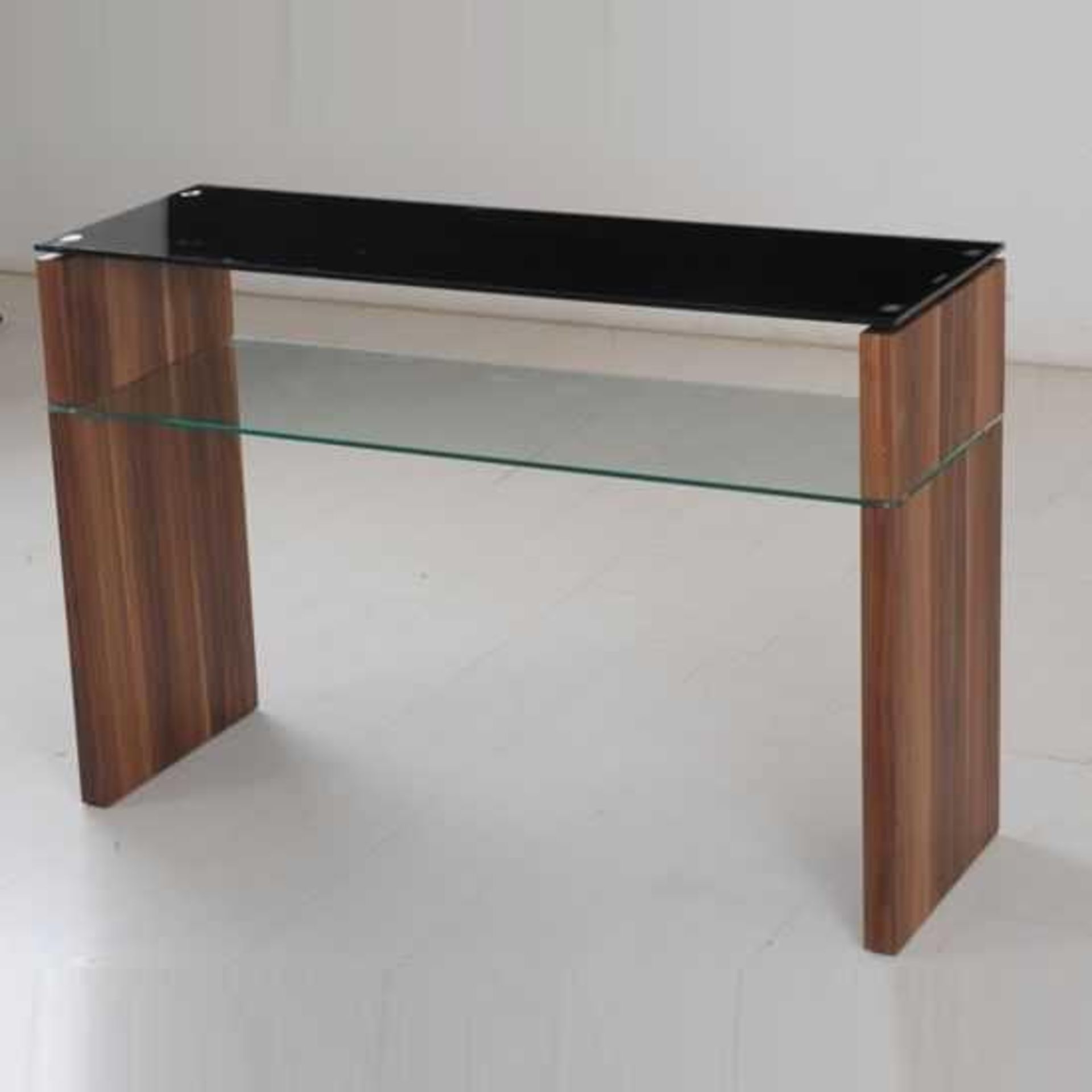 RRP £290 - Boxed 'Atlanta' Console Table In Walnut Finish With Black Glass Top