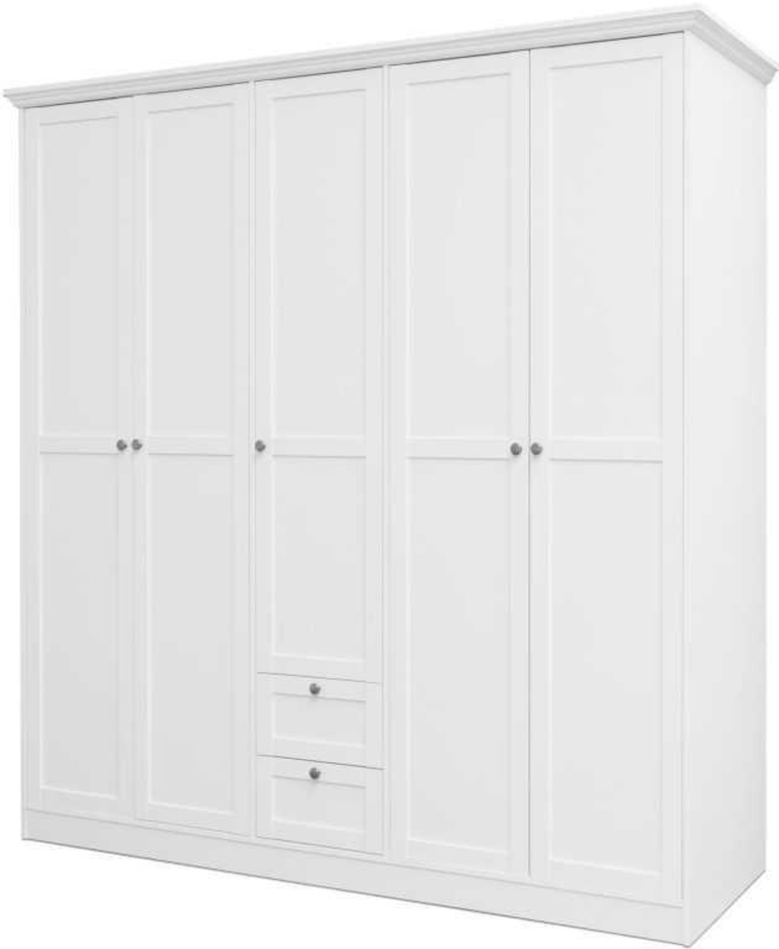 RRP £400 - Boxed 'Landwood 19' Large White Wardrobe With 5 Doors And 2 Drawers