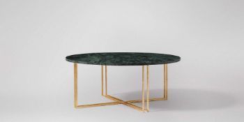 RRP £150 Boxed Swoon Designer Praia Side Table In Green Marble And Gold Leaf