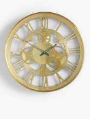 RRP £130 Lot To Contain Boxed John Lewis Gold Skeleton With Glass Wall Clock (Quartz Accuracy)