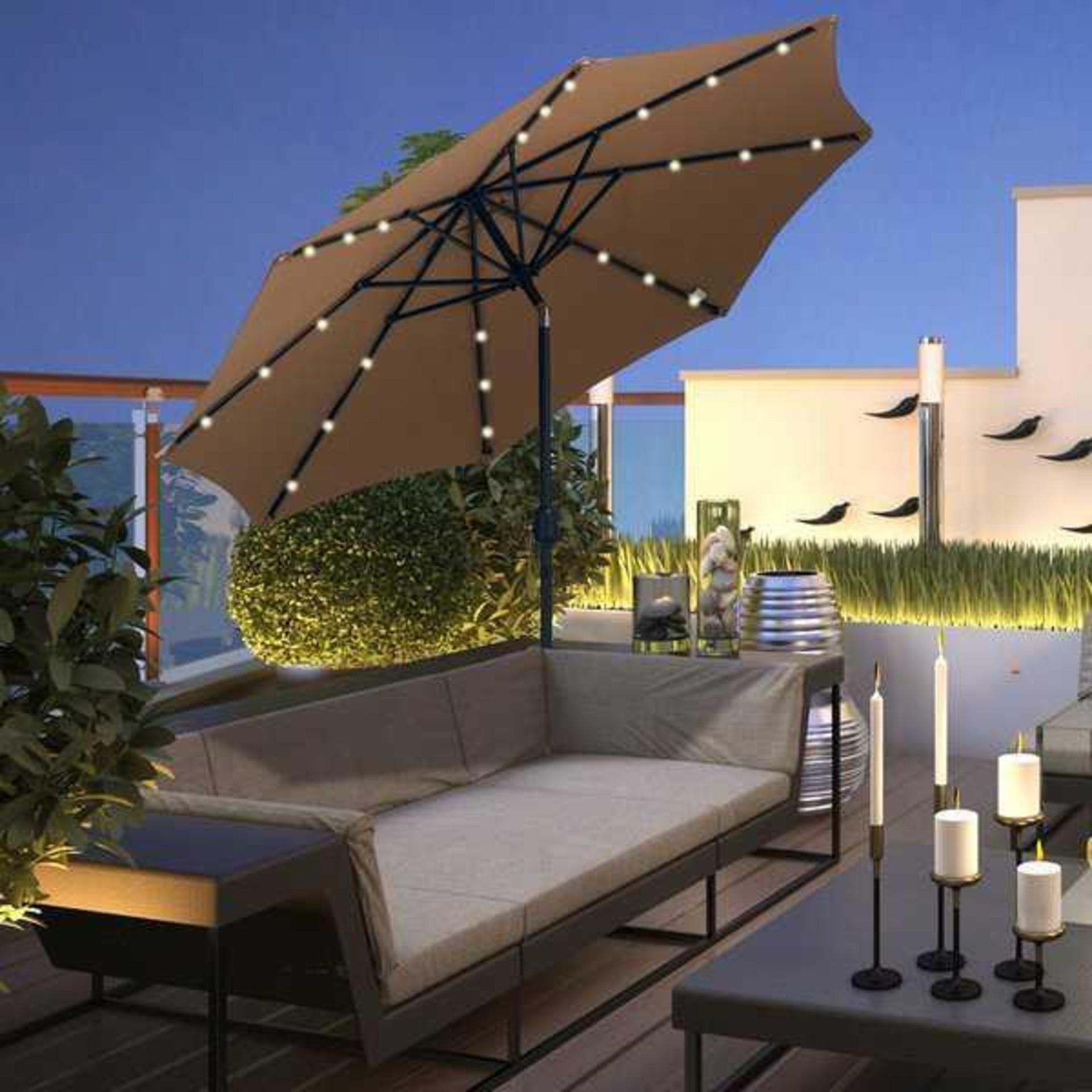 RRP £120 Boxed Solar Power Led Umbrella With Strip Lights