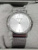 RRP £150 Boxed Skagen Silver Mesh Diamond Style Bezelled Ladies Watch