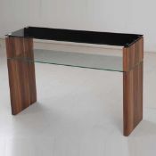 RRP £290 - Boxed 'Atlanta' Console Table In Walnut Finish With Black Glass Top (Appraisals Available