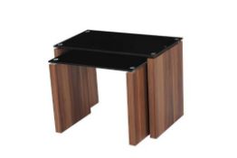 RRP £240 - Boxed 'Atlanta' Nest Of Tables In Walnut Finish With Black Glass Top