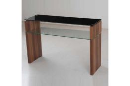 RRP £290 - Boxed 'Atlanta' Console Table In Walnut Finish With Black Glass Top