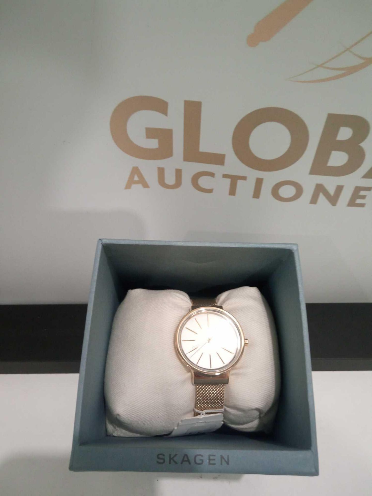 RRP £120 Boxed Skagen Ladies Gold Mesh Wrist Watch