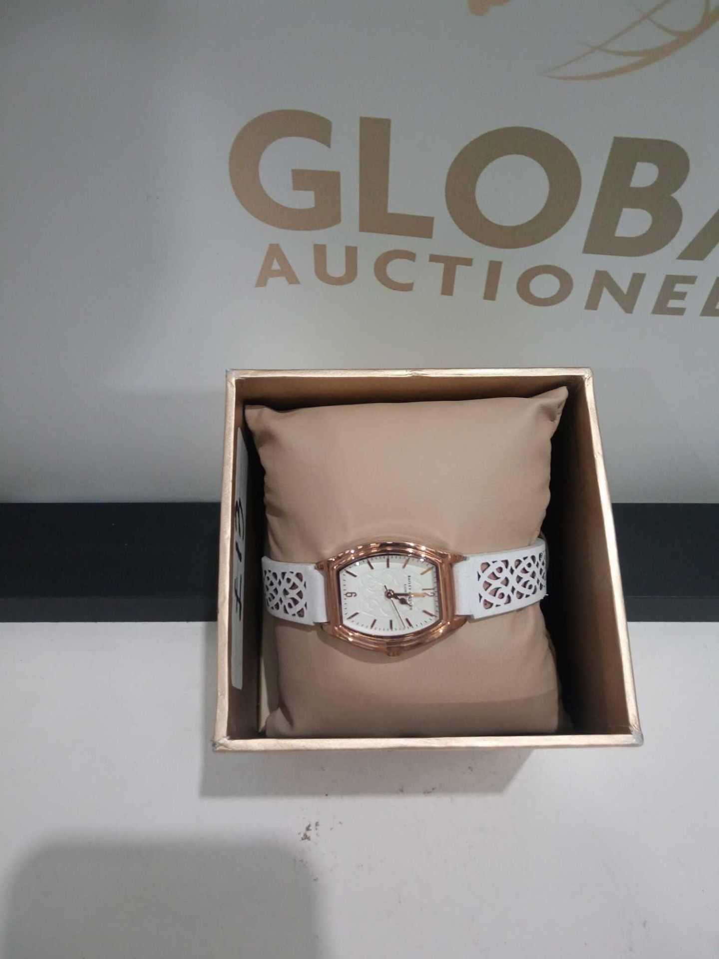 RRP £130 Boxed Bailey And Quinn London Ladies White Strap And Brass Face Wrist Watch