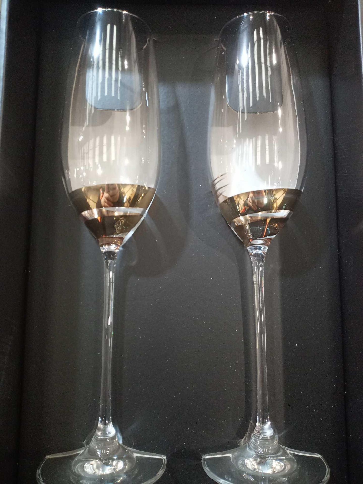Combined RRP £180 Boxed John Lewis Celebrate Crystal Glass 2 Champagne Flutes With Gold Spiral