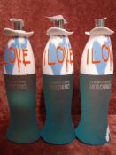 RRP £150 Lot To Contain 3 Unboxed 100 Ml Testers Bottle Of Moschino I Love Love Cheap And Chic Eau D