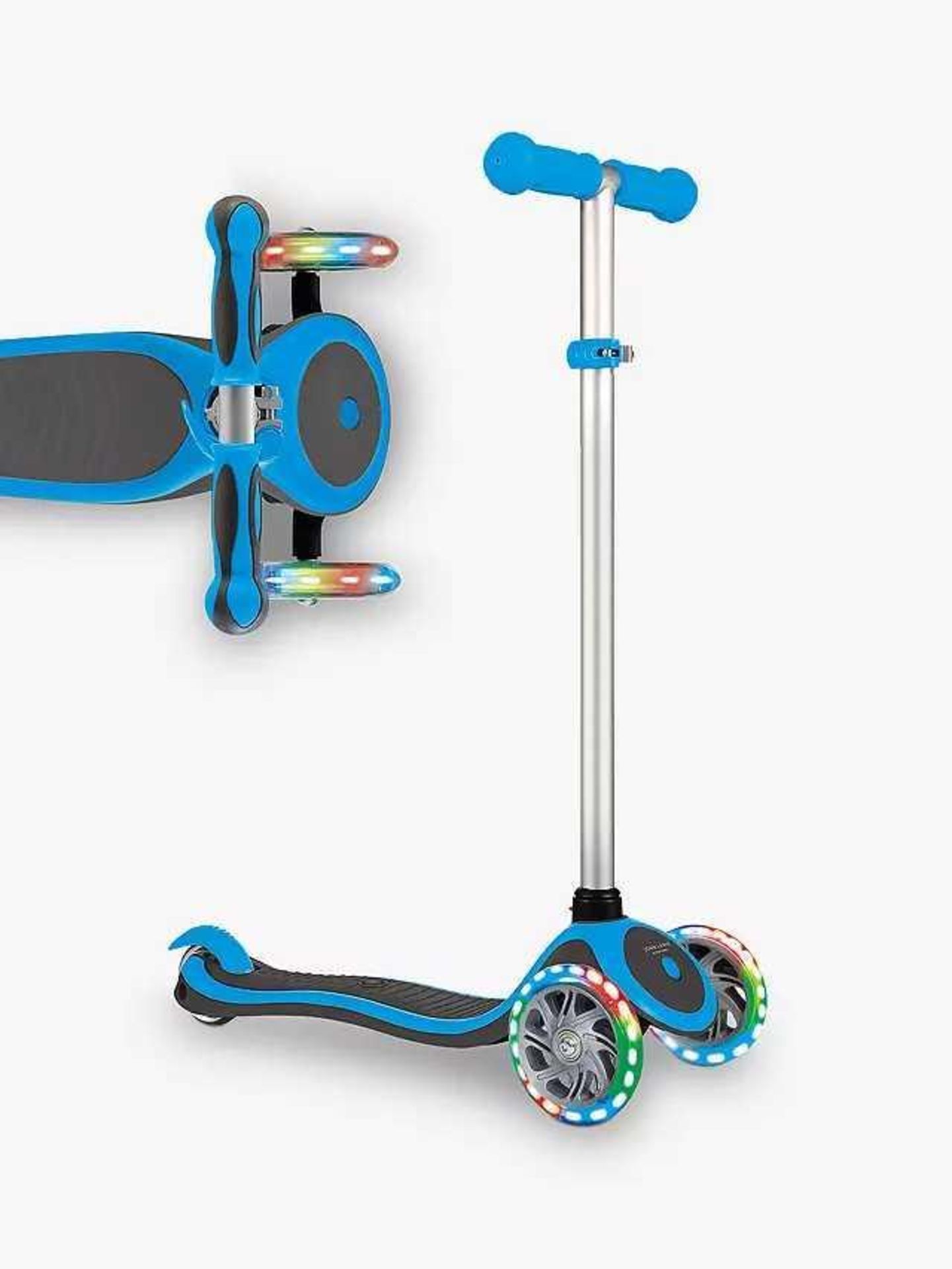 RRP £240 Combined Lot To Contain 1X Unboxed Blue 3 Wheel Light Up Scooter, 1X Boxed John Lewis Baby