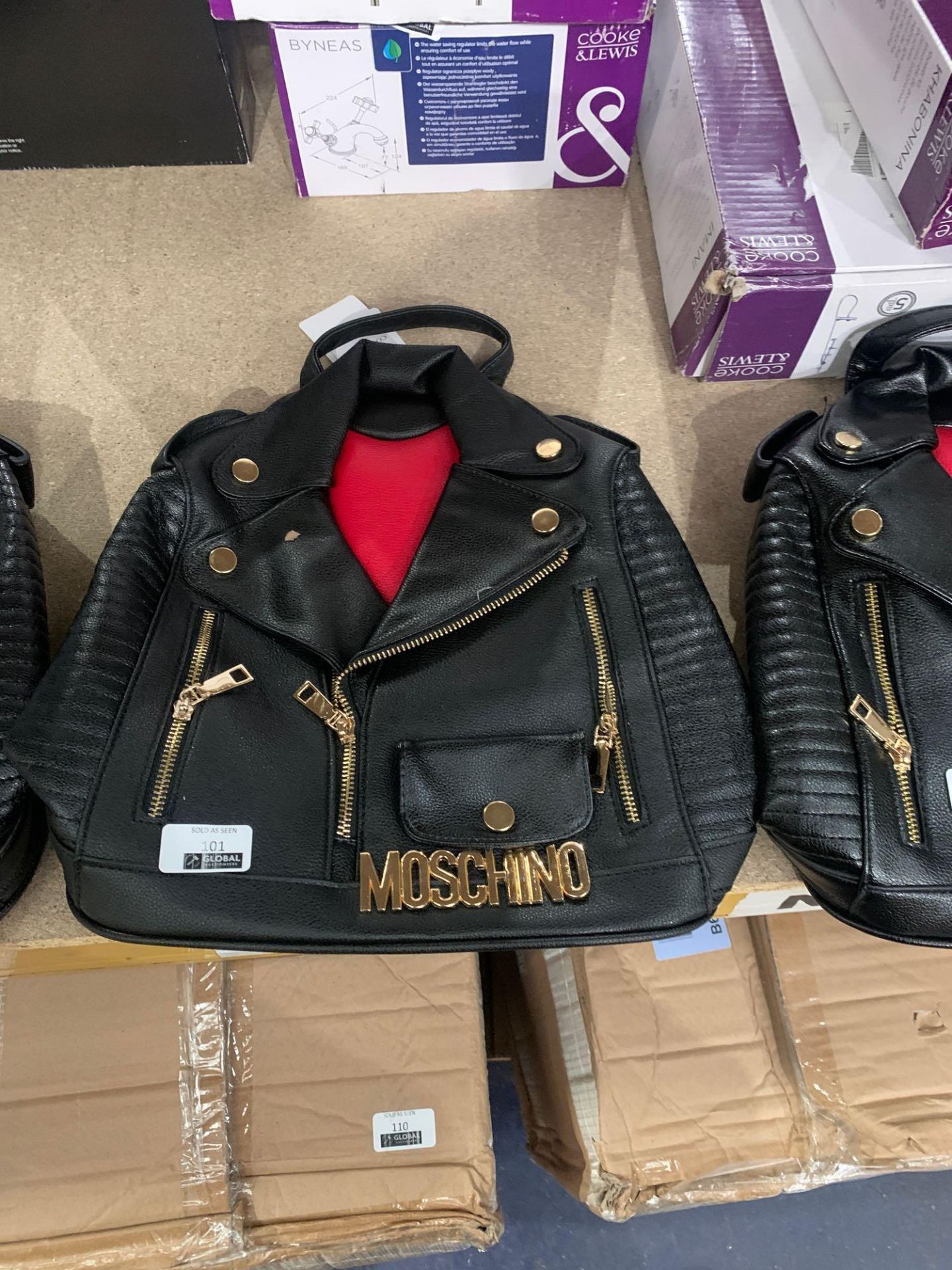 RRP £85 Brand New Cool Live Moschino Style Black Biker Jacket Style Back Packs