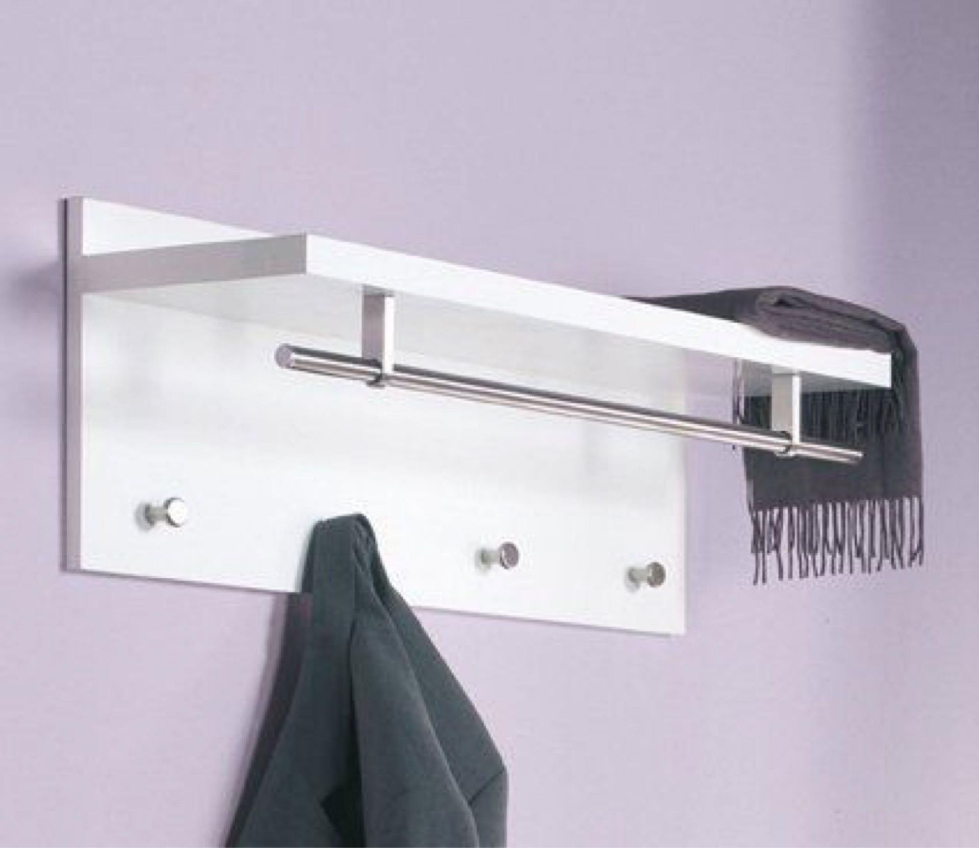 RRP £70 Boxed White/Stainless Steel Coat Hook With Shelf And Bar