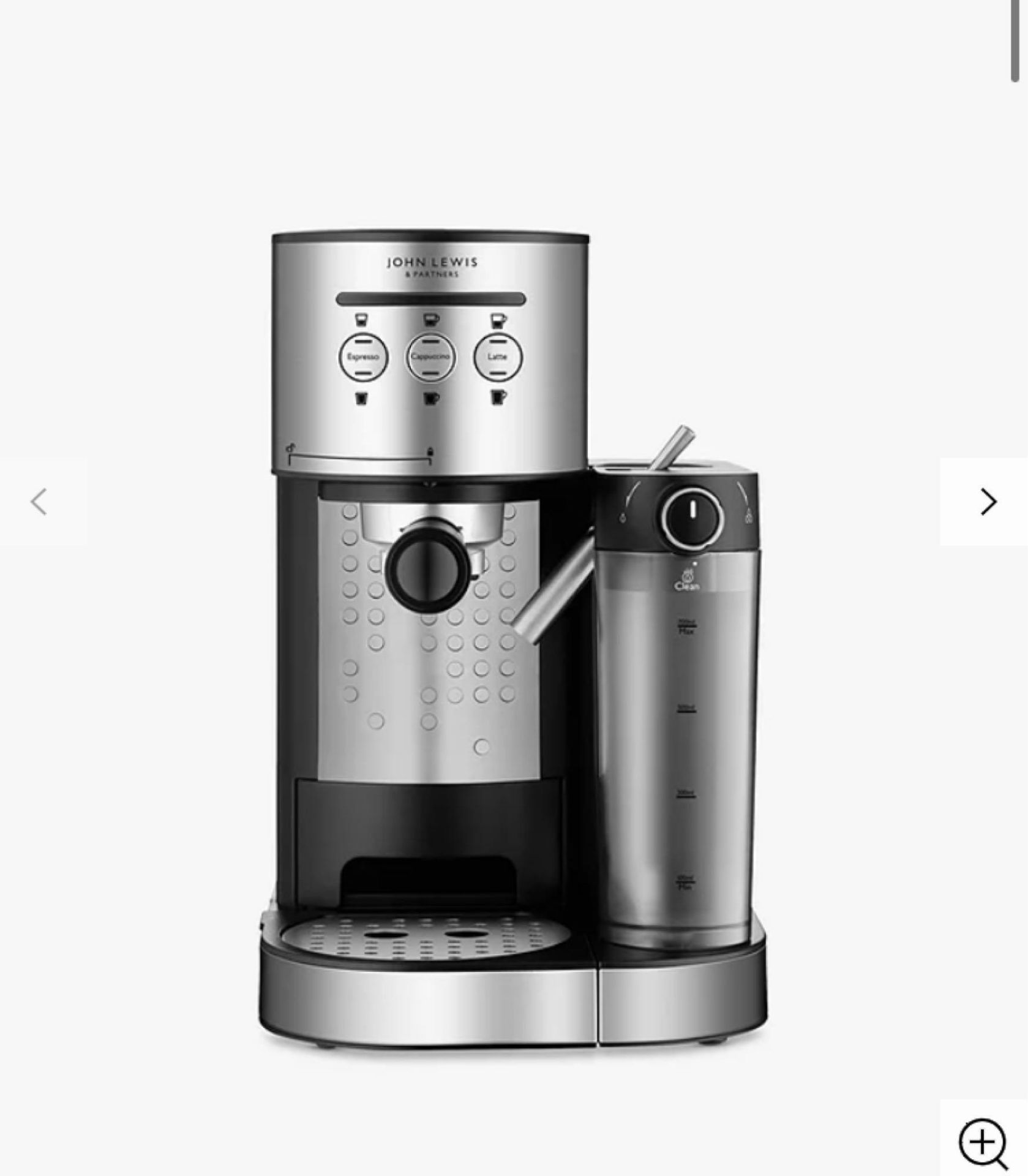 RRP £100 Boxed John Lewis And Partners Pump Espresso Coffee Machine With Integrated Milk System