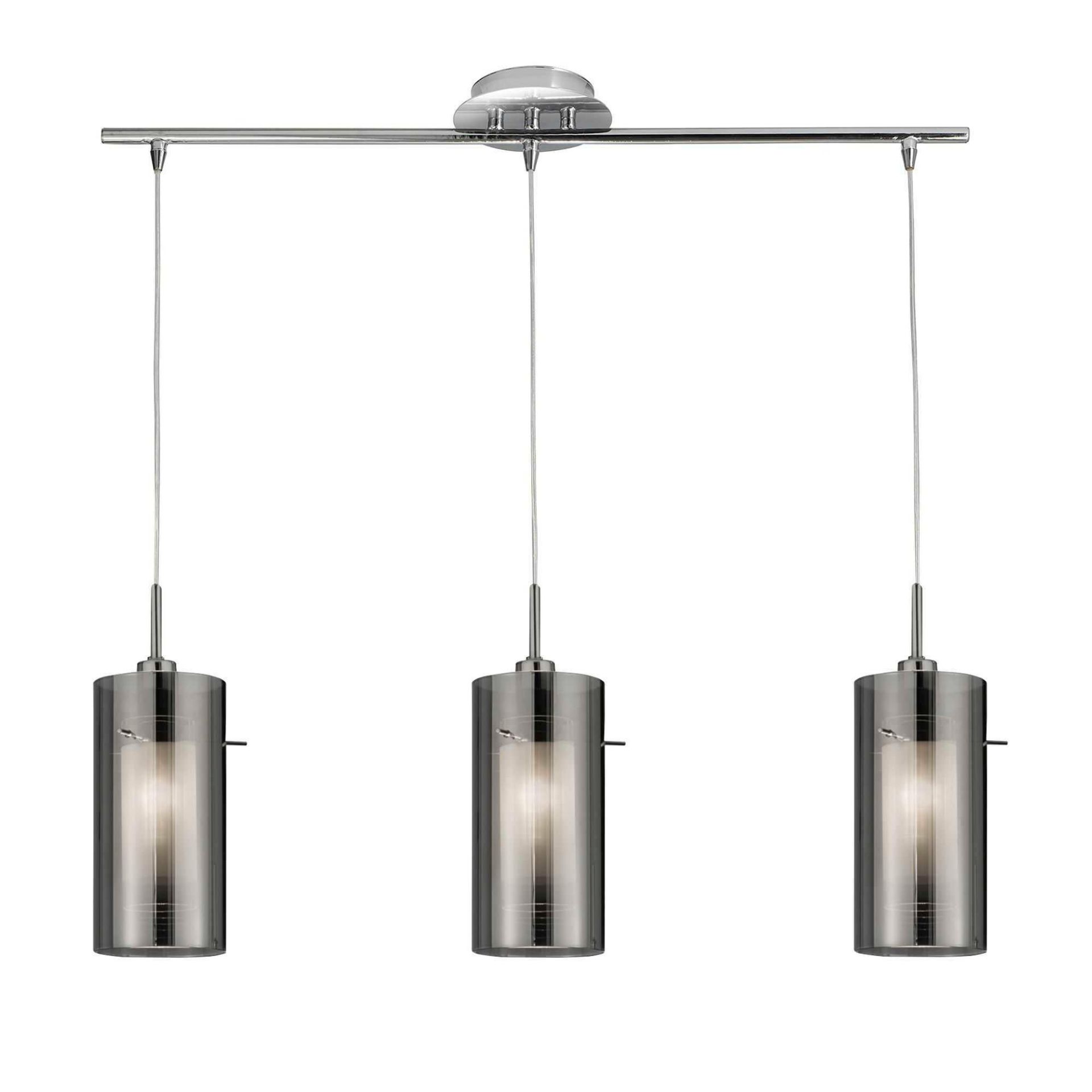 RRP £139 Boxed Searchlight Chrome Finish Smoked/Clear Glass 3 Light Bar Pendant Ceiling Light Fittin