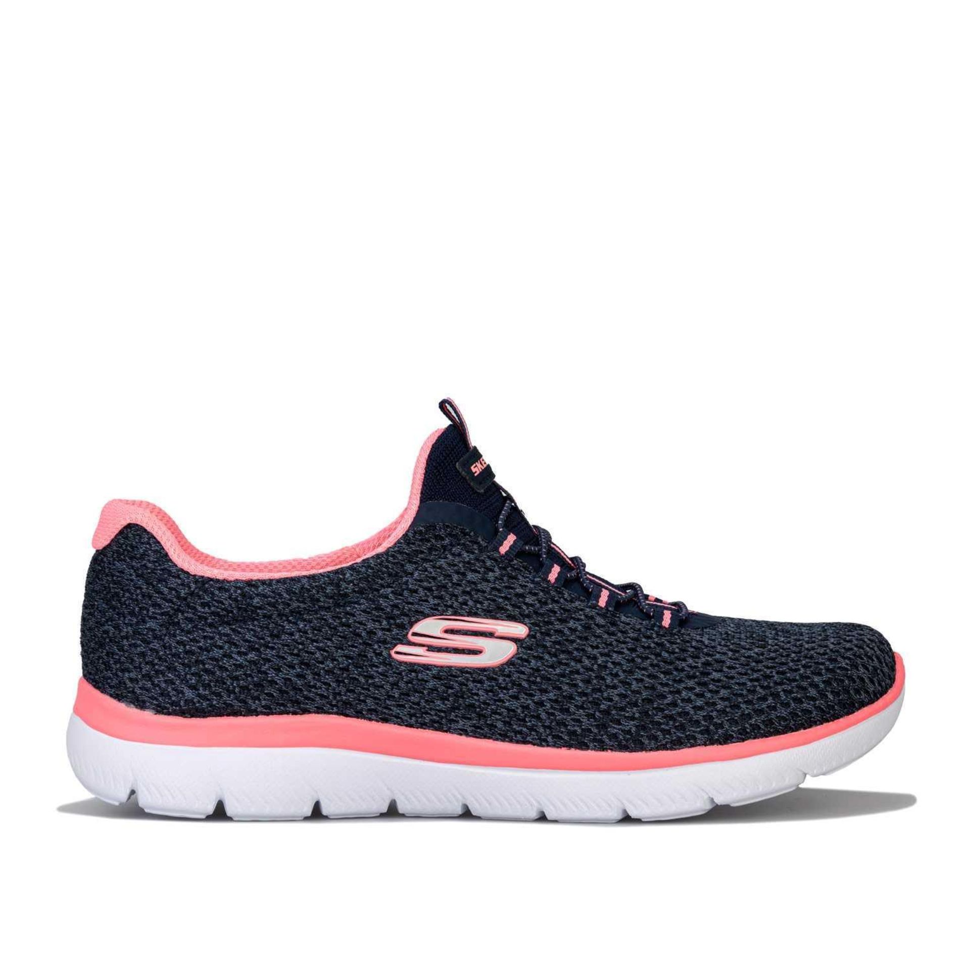 RRP £55 Boxed Pair Of Size Eu 38 Sketchers Skx-Summits Memory Foam Ladies Trainers In Navy/Pink